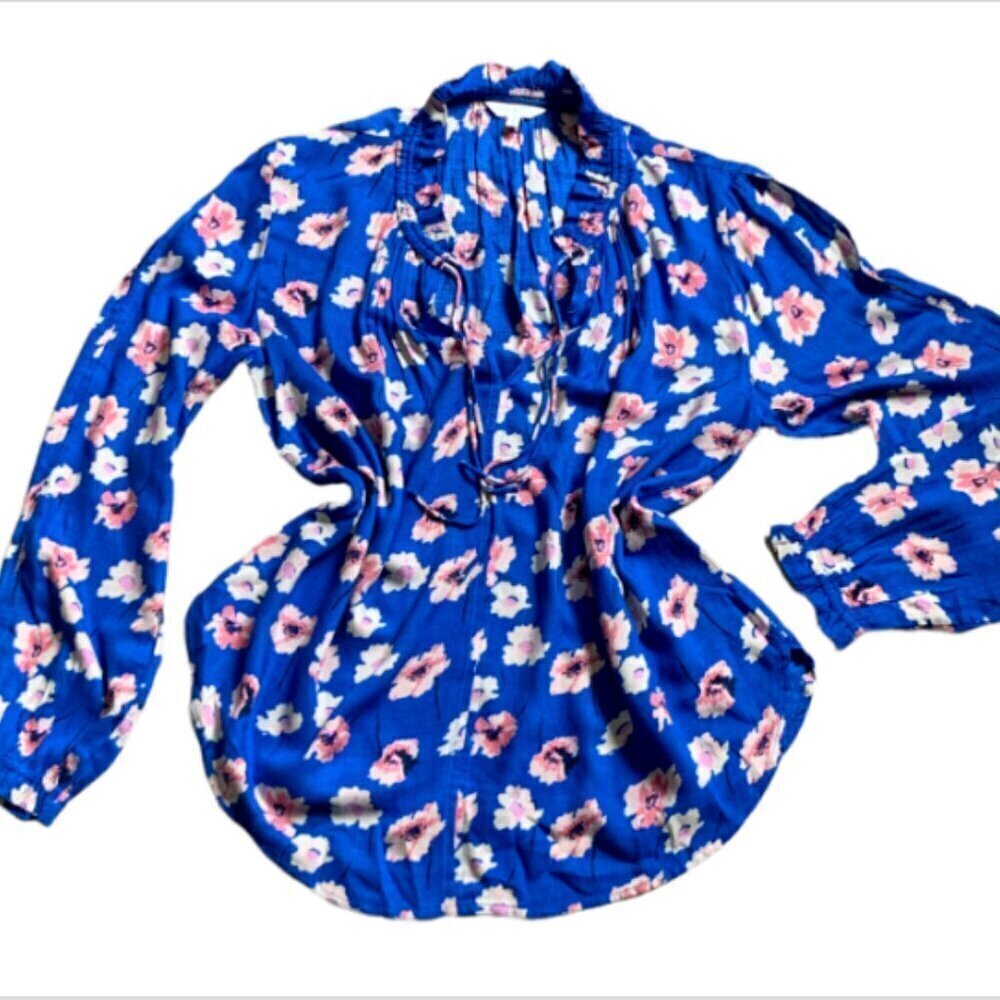 Lucky Brand Floral V-Neck/Tie-Neck Top Slit Shoulder Sz M Blue Pink 52G‎